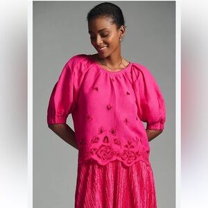 Anthropologie Hot Pink Embroidered Linen Blend Peasant Blouse Top Small